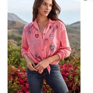 Johnny Was Women’s Pink Heart Embroidered Button-Up Shirt size XL